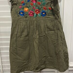 Source Unknown Olive Midi Dress with Vibrant Floral Embroidery